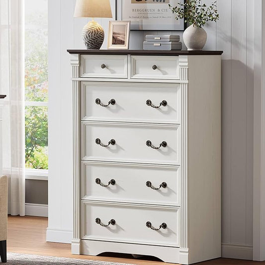 Yaamizz Farmhouse Dresser for Bedroom, 47" Tall 6 Drawer Dresser Storage with Wood Pilasters and Metal Handles, Vintage Design, Drawer Organizer for Bedroom, Hallway, White