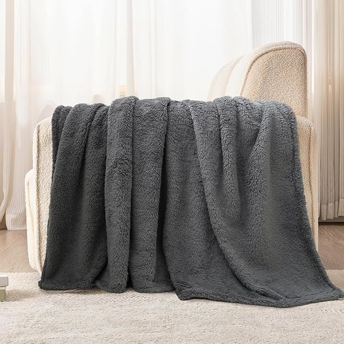 Sherpa Throw Blanket for Bed, Super Soft Cozy Fuzzy Plush Blankets for Winter, Reversible Thick Warm Blanket for Bed, Couch, Living Room, Grey, Throw Size 50"x 60"