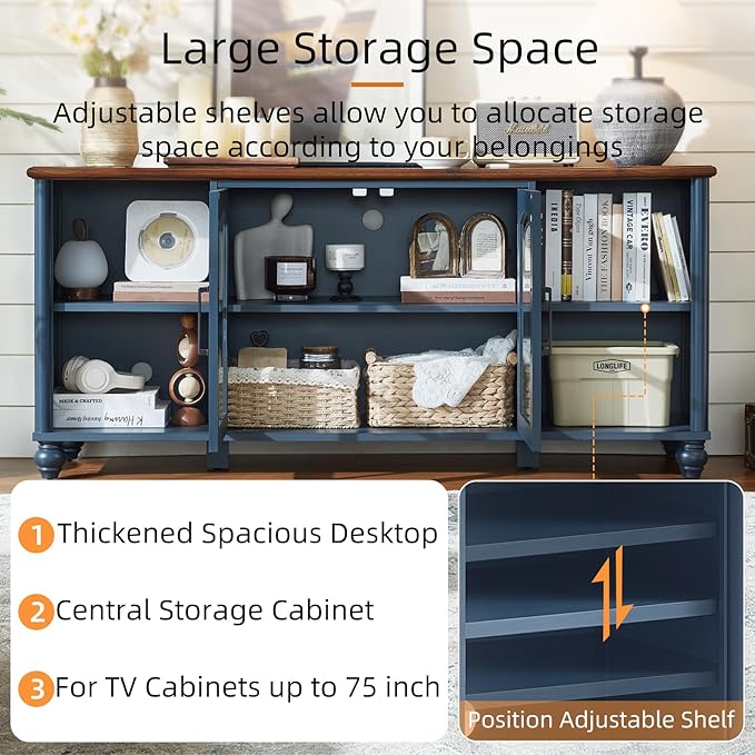 Farmhouse TV Stand for 60 Inch TV, Wood Entertainment Center with Glass Door Storage Cabinet & Adjustable Shelves,Television Stands for 65" TVS, TV Console Table for Living Room,Bedroom,Blue