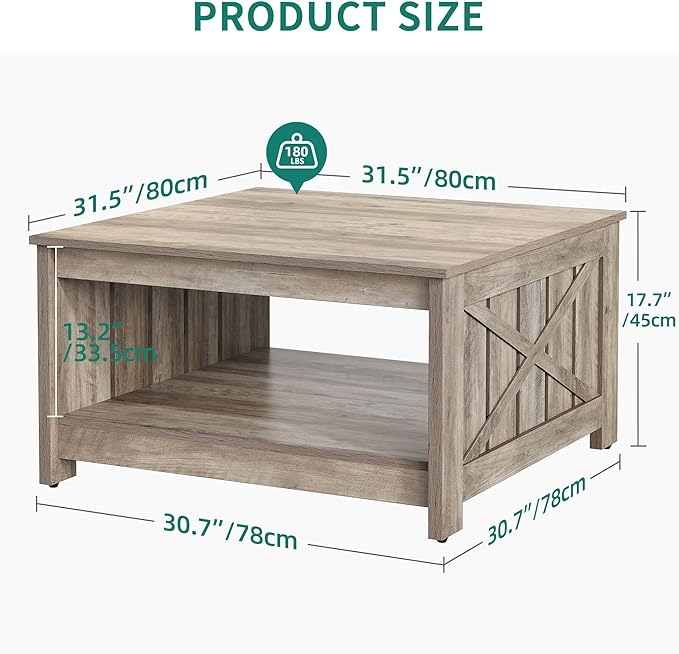 YITAHOME Coffee Tables for Living Room, Farmhouse Coffee Table with Storage Rustic Wood Cocktail Table, Square Coffee Tables for Living Meeting Room with Half Open Storage Compartment, Rustic Grey