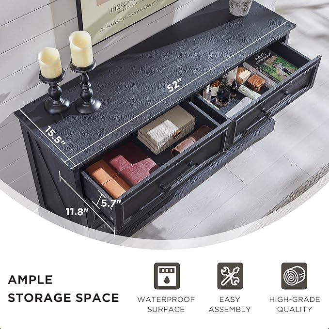 Farmhouse 6 Drawer Dresser for Bedroom, 52 Inch Wide Modern Dresser TV Stand with Large Drawers & Bar Handles, Rustic Wood Chest of Drawers for Bedroom, Living Room, Hallway, Black