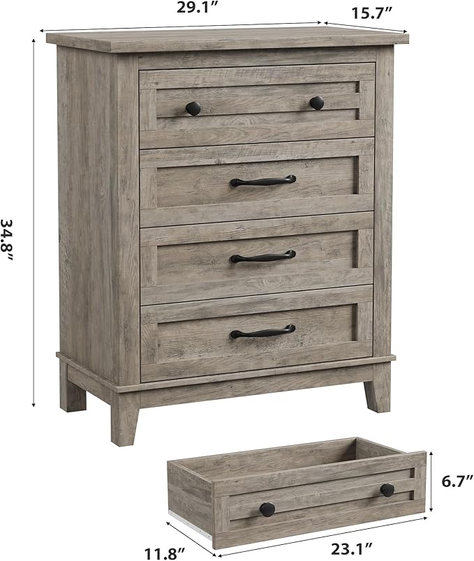 GarveeHome 4 Dresser for Bedroom, 34.8" Tall Vertical Drawer Dresser with Large Storage, Freestanding Wooden Closet Chest for Bedroom, Living Room, Grey