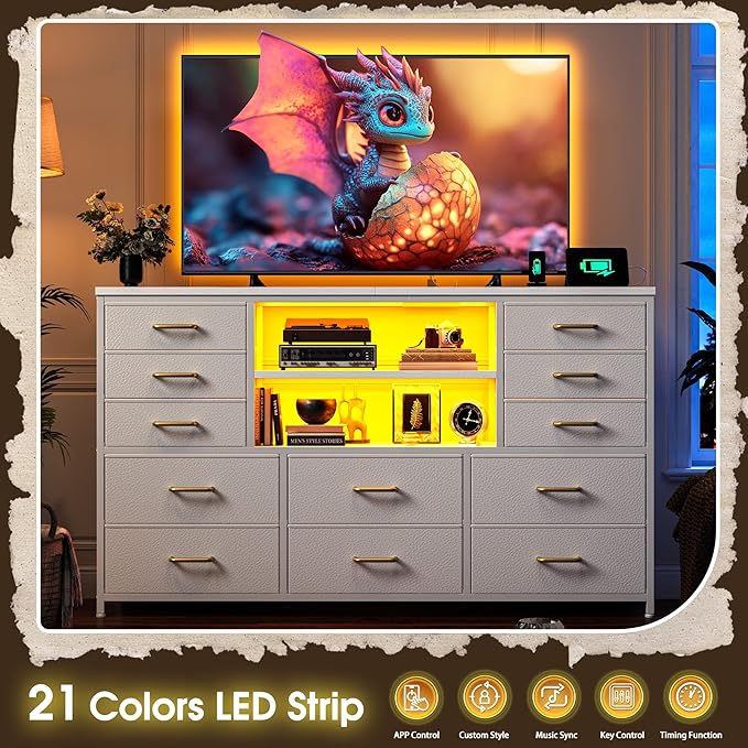 White TV Stand with 12 Fabric Drawers for 55 inch TV, Entertainment Center with Charging Station & LED Lights, TV Media Console Table with 2 Open Storage Shelves for Living Room, Dorms, Wood Top