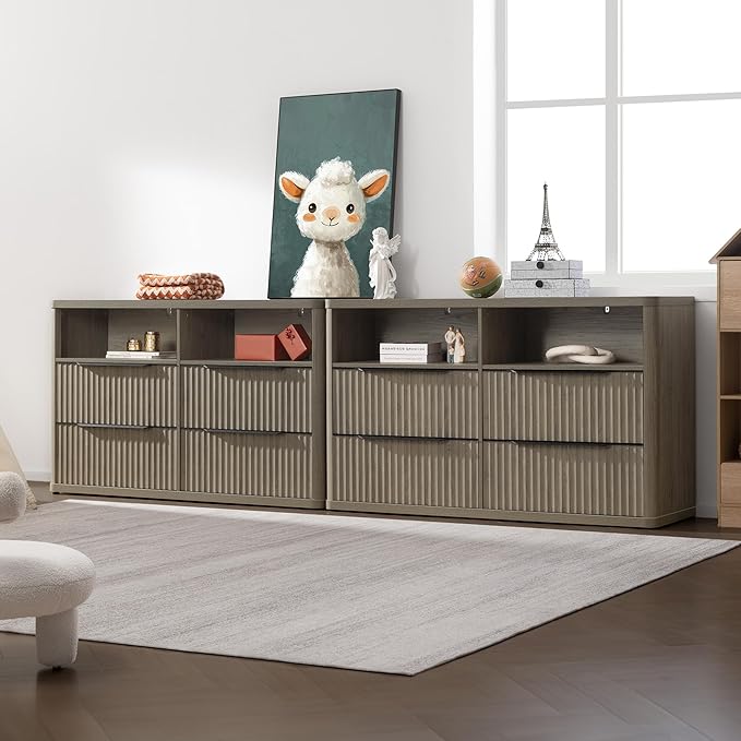 SICOTAS Dresser for Bedroom - Dressers & Chests of Drawers with 4 Drawers Large Modern Dresser for Closet with Open Shelf Fluted Wide TV Stand Clothes Closet Storage for Bedroom Hallway Entryway