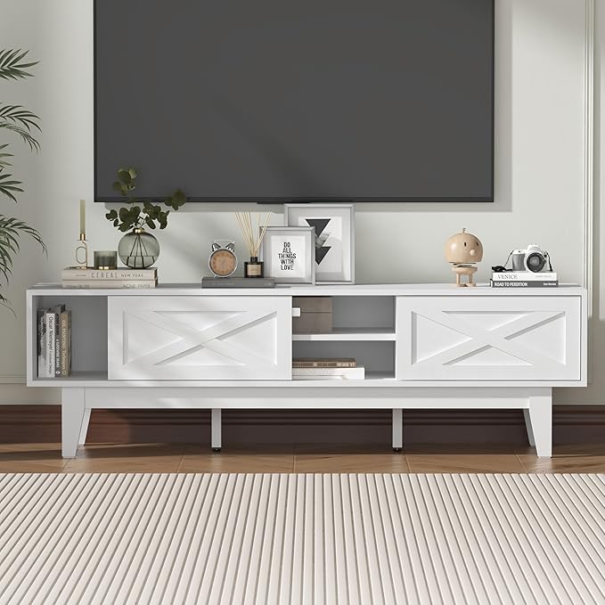 Wooden TV Stand for 55 65 70 inch TV, Long & Large TV Media Console Table with Storage Cabinets, Boho Farmhouse Entertainment Center for Living Room, Bedroom - White