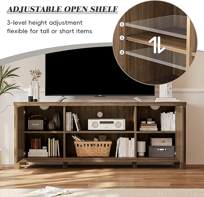 Rattan TV Stand for TVs up to 65'',Boho Entertainment Center with Adjustable Shelves, Mid Century Modern Media TV Console Cabinet with Rattan Doors for Living Roon Bedroom Caramel Oak LTV91BR
