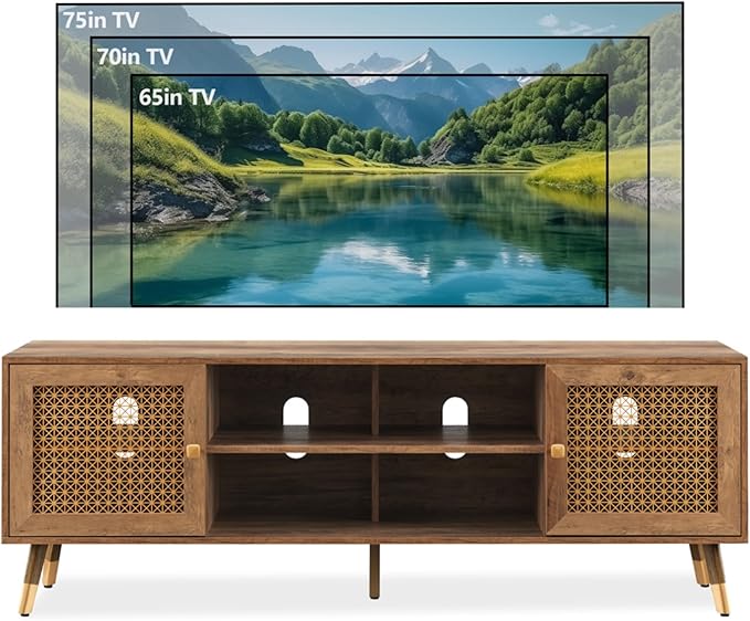 Mid Century Modern TV Stand for Living Room, TV Consoles for TVs Up to 75" - Rustic Oak Entertainment Center, 2 Gold Metal Mesh Doors & MDF Wood Grain, 15.8" D x 66" W x 23.5" H