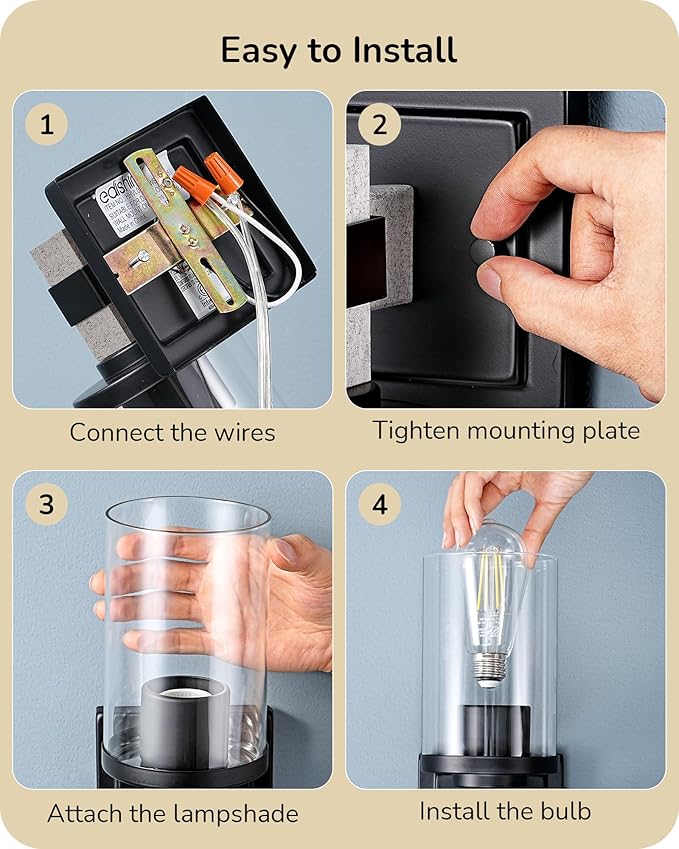 EDISHINE Wall Sconces Set of 2, Industrial Vanity Light Fixtures with Clear Glass Shade & White Textured Finish, 1-Light Wall Mount Lamp for Bathroom, Hallway, Living Room, Mirror, Kitchen