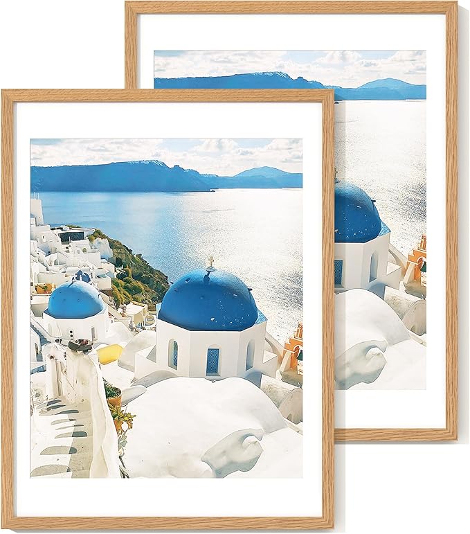 18x24 Poster Frame with Mat for 16x20, Solid Oak Wood Picture Frame with Tempered Glass, Wooden 18''x24'' Minimalist Photo Frame with Free Wall Hooks for Art Photo and Prints, Set of 2, Natural