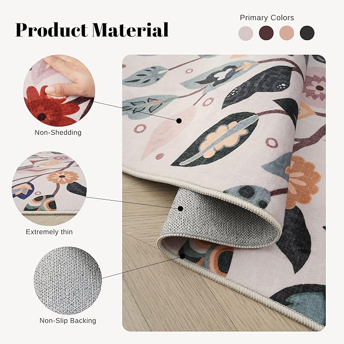 Runner Rug for Kitchen Rug Non Slip 2'x6' Washable Rugs Floral Tree with Rubber Backing Bohemian Soft Carpet Runner for Kitchen, Laundry, Bedroom, Bathroom, Beige