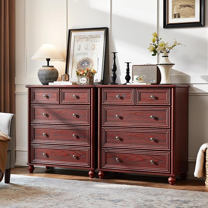 Farmhouse 5 Drawer Dresser for Bedroom, 35.5" Tall Small Dressers & Chest of Drawers, Rustic Wood Dresser with Roman Column, Storage Organizer for Living Room, Hallway, Closet (Red Oak)