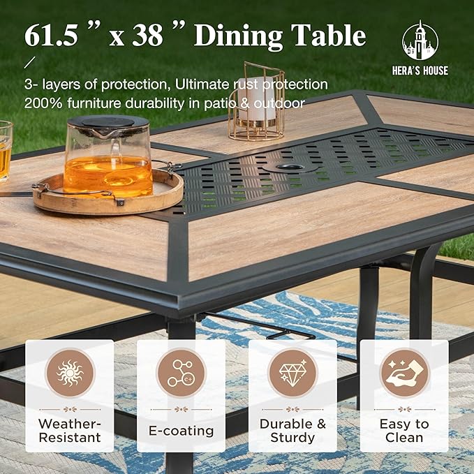 HERA'S HOUSE Patio Dining Sets for 6, Outdoor Rattan Chairs and Wood-Like Table with 1.57" Umbrella Hole, Modern Outdoor Table and Chairs for Deck, Balcony, Backyard and Garden