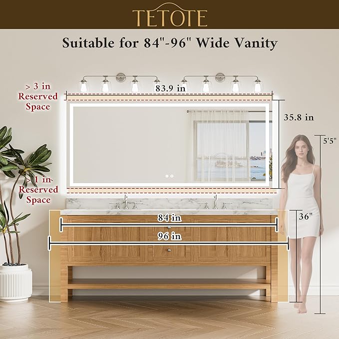 TETOTE 84 x 36 LED Bathroom Mirror with Lights, Brighter Front and Backlit Led Lighted Vanity Mirror Wall Mounted, 3-Color Dimmable Light up Anti Fog Mirror, Waterproof, Shatterproof Tempered Glass