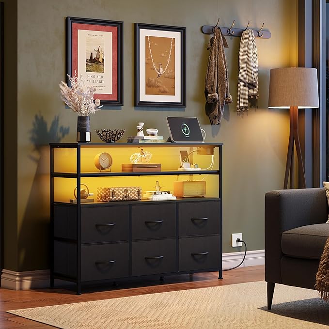 WLIVE Black TV Stand for 40, 45 inch TV, Entertainment Center with LED Lights & Charging Station, TV Media Console Table with 6 Fabric Drawers and Open Shelves for Living Room, Hallway, Wood Top