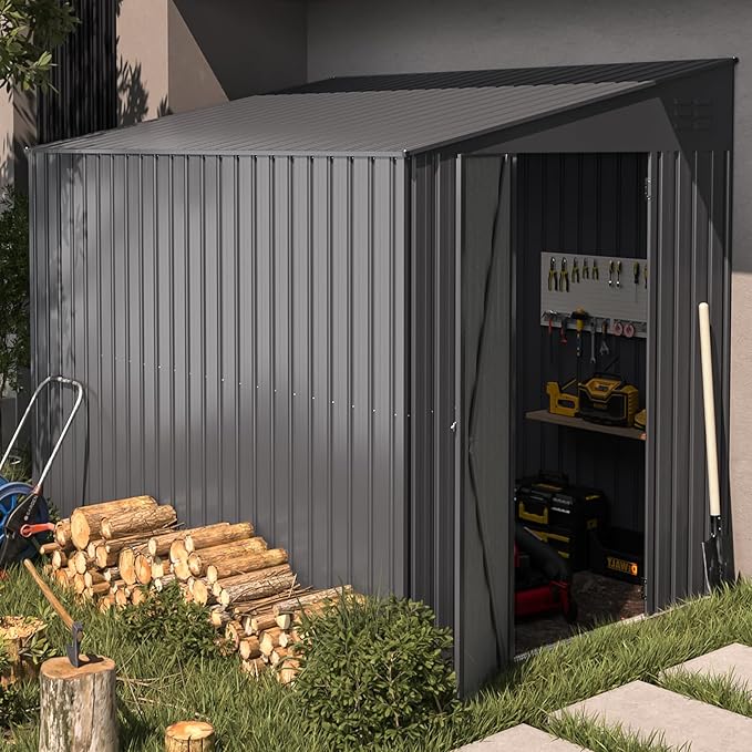 AECOJOY Shed Lean to Storage Shed, Outdoor 6' x 8' Metal Wall Side Bike Shed & Outdoor Storage, Garden Storage Cabinet for Backyard, Patio and Outdoor Use in Dark Grey