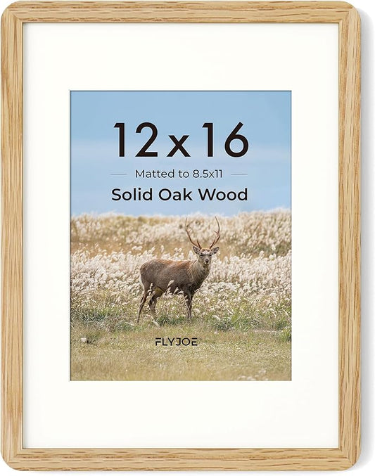 12x16 Picture Frame - Solid Oak Wood 12x16 Poster Frame, 12''x16'' Picture Frame With Mat For 8.5x11, Tempered Glass and Hanging Hardware Included, 16 By 12 Frame Wood, Natural Oak