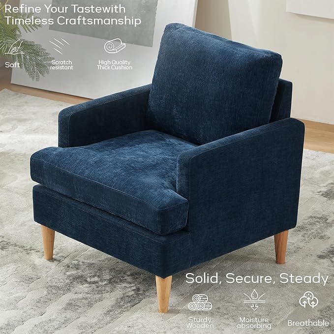 VKNOW Mid-Century Accent Chairs Set of 2, Modern Upholstered Chenille Armchair for Living Room,Comfy Reading Accent Chairs with Wood Legs for Bedroom, Navy Blue