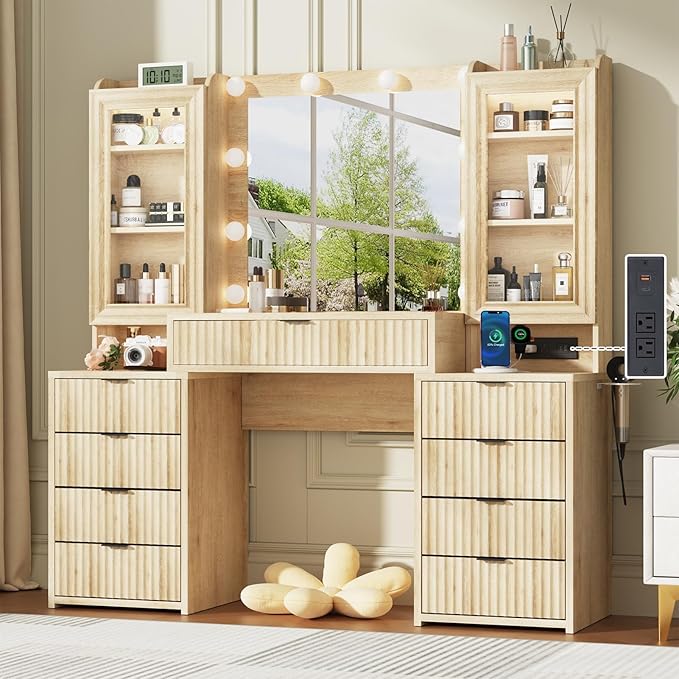 55" Fluted Makeup Vanity Desk with Large Mirror and Lights, Modern Glass Top Big Vanity Table with 9 Drawers & Open Storage Shelves, Dressing Table w/Charging Station for Bedroom, Oak