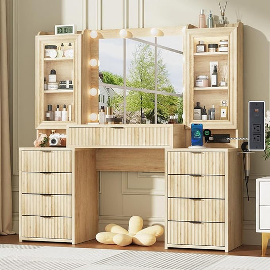 55" Fluted Makeup Vanity Desk with Large Mirror and Lights, Modern Glass Top Big Vanity Table with 9 Drawers & Open Storage Shelves, Dressing Table w/Charging Station for Bedroom, Oak