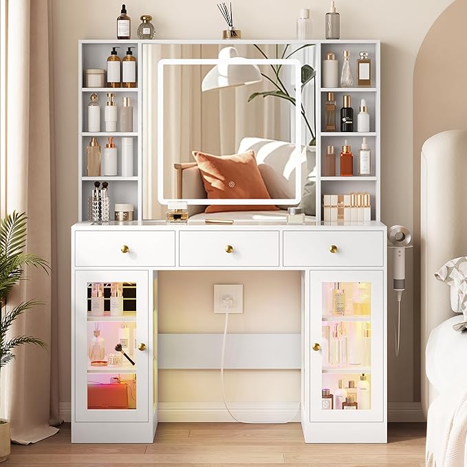 White Vanity Desk with Mirror and Lights, 43.4" Makeup Vanity Table Set with Lighted Mirror & RGB Glass Cabinet, 3 Drawers, Glass Top Dressing Table with Large Shelves for Girls, 3 Color Modes