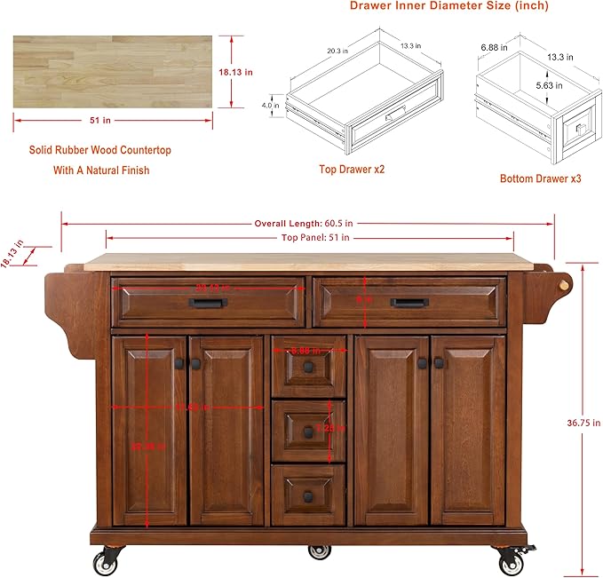 Generic 60.5"" Kitchen Island on Wheels, Rolling Island Table for Kitchen with Double Storage Cabinet and 5 Drawers, Portable Kitchen Cart with Rubber Wood Top, Mahogany, Large