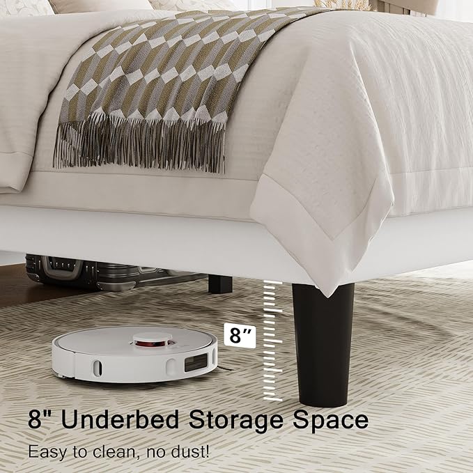 Full Size Upholstered Bed Frame with Wingback Headboard, Fabric Linen Platform Bed, 8" Under Bed Storage, Wooden and Metal Slats Support, No Box Spring Needed, Noise Free, White