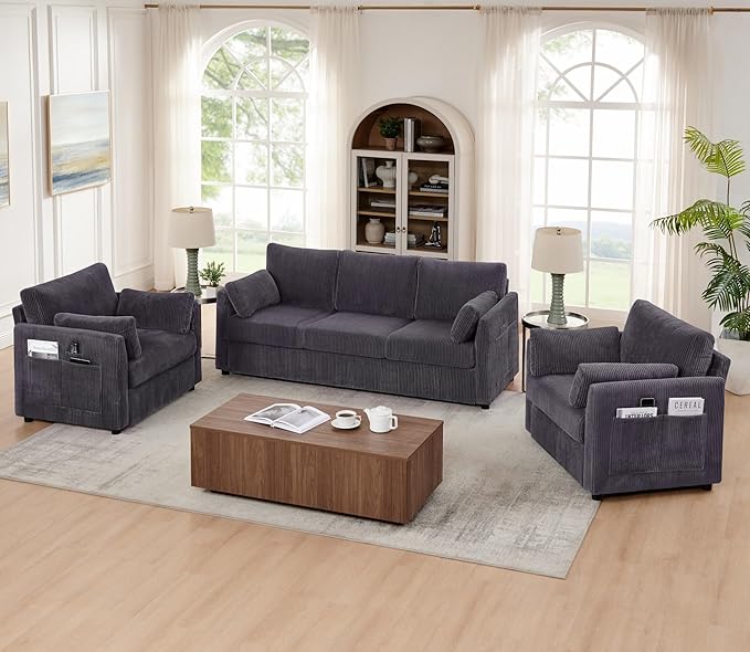 79 inch Sofa for Living Room,Mid Century Modern Couch with Big Pockets, Corduroy Couch with Three Cushions and Solid Wood Frame for Apartment and Small Spaces (Grey, Sofa)