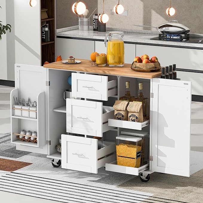 Rolling Mobile Kitchen Island Cart Cabinet with Internal Storage Rack, 3 Drawers and 2 Slide-Out Shelves for Dining Room