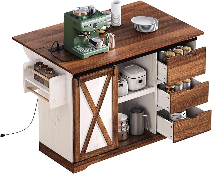 55.5" Farmhouse Kitchen Island Storage Cart with Drop Leaf, Sliding Barn Door, Power Outlet, Spice Rack & 3 Drawers, Rolling Kitchen Cart on Wheels for Kitchen, Dining Room (White)