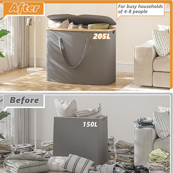 205L Laundry Hamper with Lid 3 Section, Extra Large Laundry Basket with 3 Removable Bags, 54GAL Laundry Basket Organizer for Bedroom, Laundry Room, Dorm,Clothes Hamper,Grey
