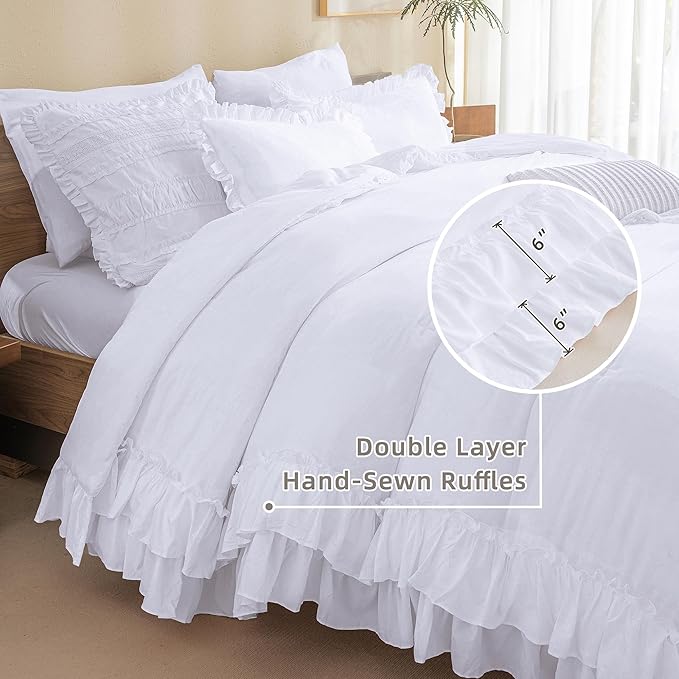 QSH White Comforter Full with Ruffles,3PCs Shabby Boho Chic Farmhouse Bedding Comforter Set Full Size Soft Vintage Fluffy Microfiber White Ruffle Bedding Set