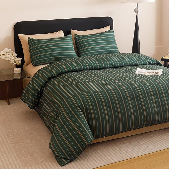 Luxlovery Striped Comforter Set Queen Boys Kids Dark Green Bedding Set Geometric Modern Stripe Pattern Blanket Quilts Durable Lightweight All Season 3PCS Comforter Set Queen Bed