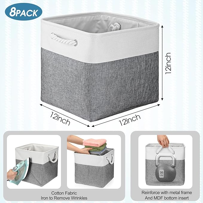 meekoo 8 Pack Collapsible Storage Bins Fabric Storage Bins Polyester Fabric Baskets with Handles Linen Closet Organizer for Shelf Home Closet Towels Toys(12 x 12 x 12 in,Gray White)