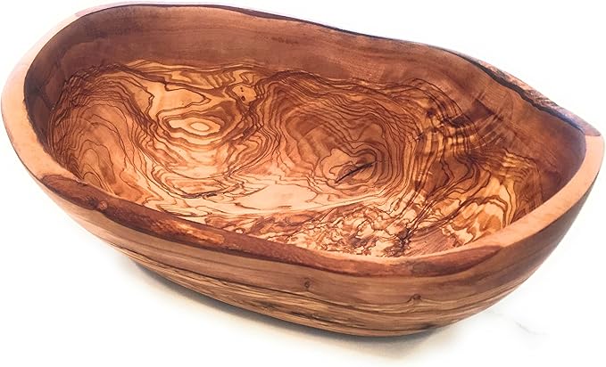 10" Rustic Oval Artisan Olive Wood Dough Bowl Bread Basket Boat Shaped - Live bark edge. Natural Server for Fruit, Salads, Chips, Popcorn. In Lg 10" or XL 12". (Large 10x5-7x4”)