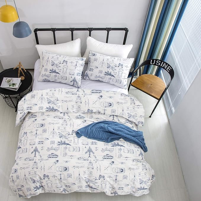 CLOTHKNOW Kids Twin/Twin XL Comforter Set Cartoon Bedding Comforter Sets Cars Blue White Comforter Toddler BeddingTwin Tank Aircraft Pattern