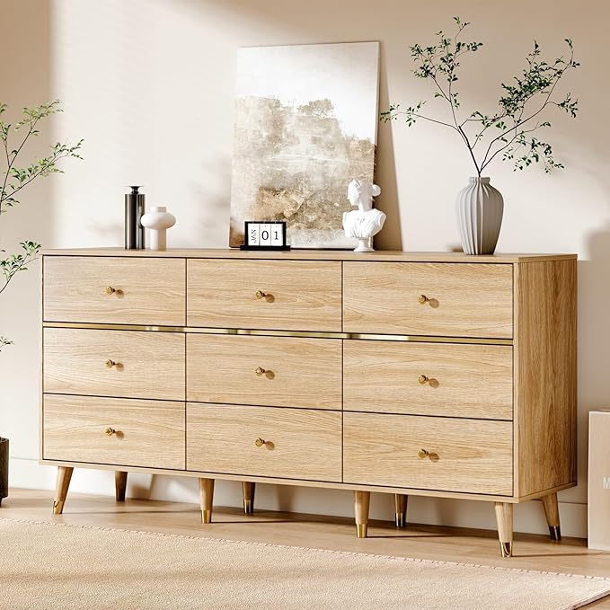 9 Drawer Dresser,63" Wide Mid Century Modern Chest of Drawers,Wooden Bedroom Drawer Dresser with 9 Storage Drawers for Bedroom, Living Room,with Anti-Tipping Device,Natural