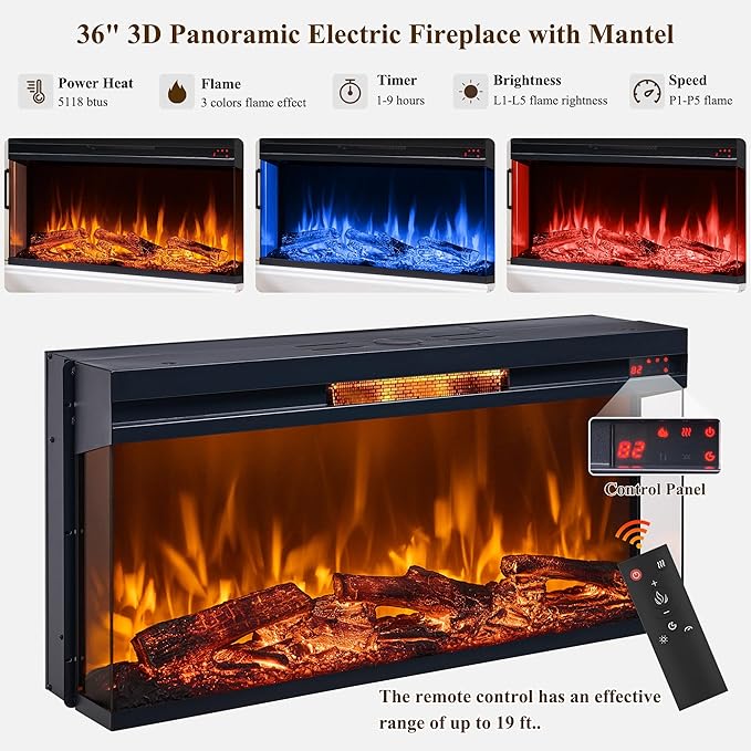 LINGMU Farmhouse Electric Fireplace TV Stand for TVs up to 80", Entertainment Center with 36" 3-Sided Glass Electric Fireplace & LED Lights, 70-inch TV Console, Antique White