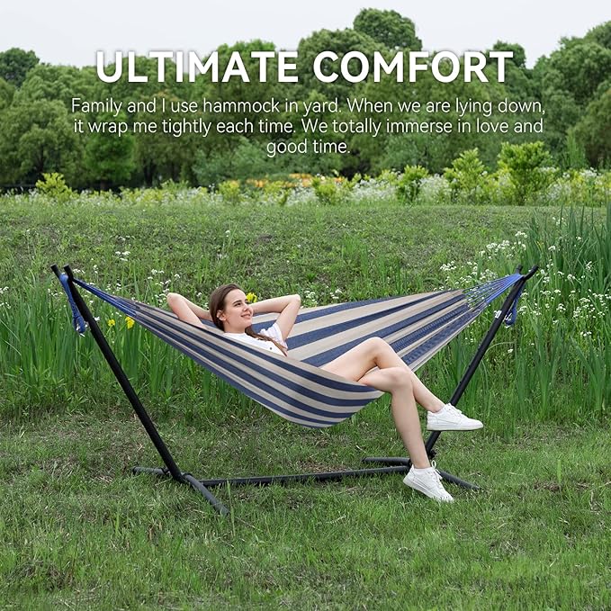 PNAEUT Double Hammocks with Stand for Outside, Portable Space Saving Heavy-Duty Steel Stand for Indoor Outdoor Patio with Carrying Bag, 450 lbs Capacity (Sky)
