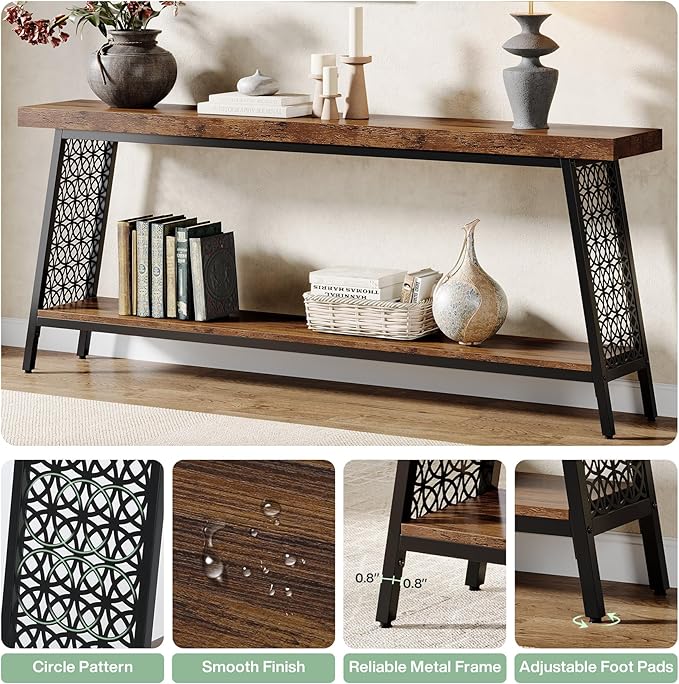 Tribesigns 70.9" Extra Long Console Table, 2-Tier Sofa Table with Storage, Industrial Entryway Table Behind Couch, Narrow Entrance Table for Hallway, Living Room, Rustic Brown