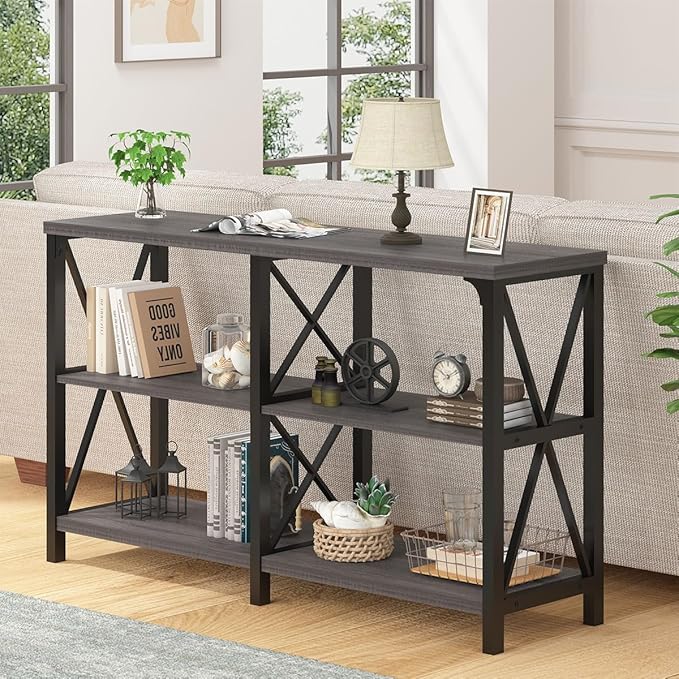 IBF Console Sofa Table, Industrial Metal Wood Entryway Table, Modern Hallway Foyer Table Behind Couch Table, 3 Tier Entry Table with Storage Shelves for Living Room Bedroom, Dark Gray Oak, 55 Inch