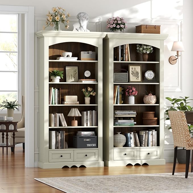 71’’ Tall Arched Bookcase with Stroage of 2 pcs, Farmhouse 5-Tier Arch Bookshelf with Drawers, Freestanding Book Shelf with Adjustable Shelf and Roman Column Pattern for Home Office (2, White)