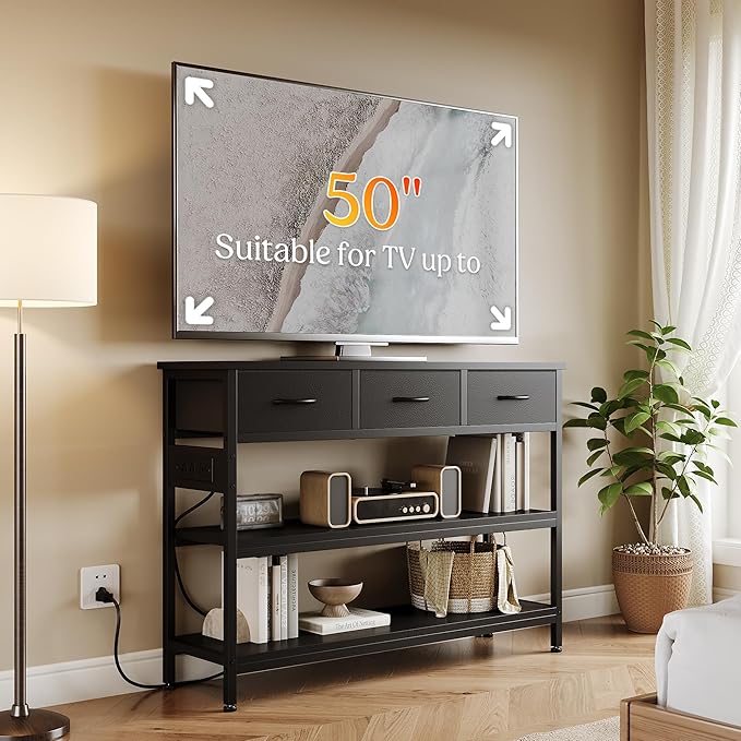 Lulive 2 Pack Entryway Table with Power Outlets, Console Table with 3 Fabric Drawers, Sofa Table for Living Room, Hallway, Couch, Foyer, Height Adjustable