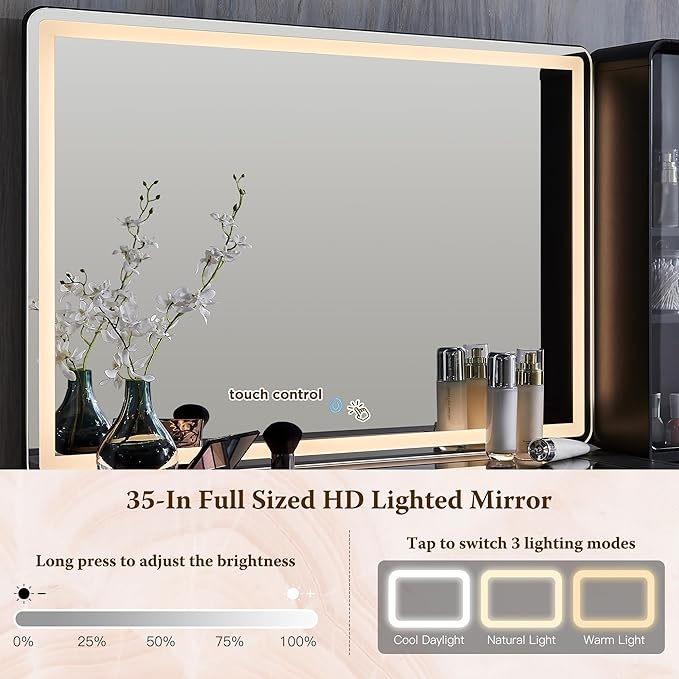 Fluted Makeup Vanity Desk with Large 35" HD Lighted Mirror, 48" Mid Century Modern Glass Top Vanity Table with 5 Drawers & Adjustable Shelf, Dressing Table w/Charging Station for Bedroom