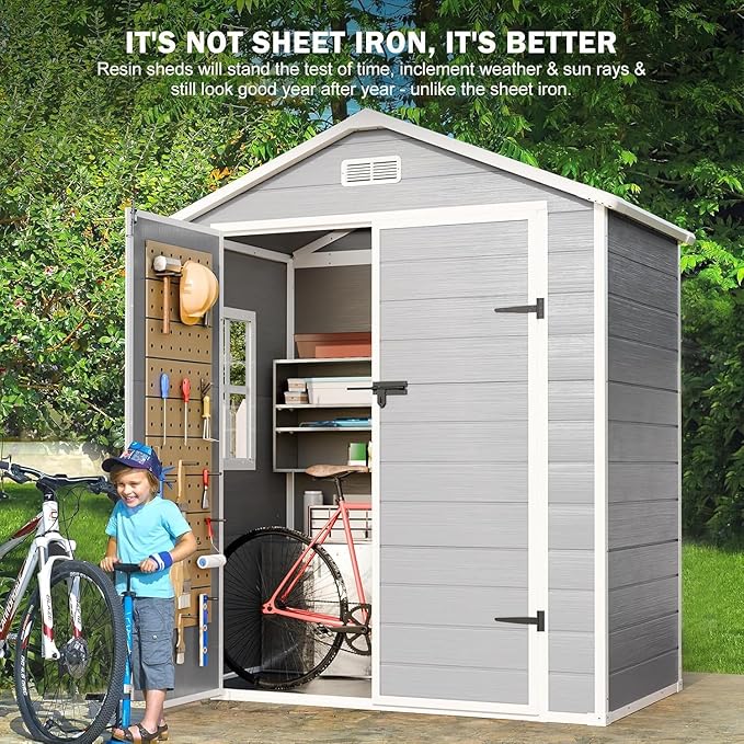 6x3 FT Resin Storage Shed, Waterproof Outdoor Shed with Floor Included, Window, Double Lockable Doors & 2 Vents, Outside Plastic Sheds for Garden Patio Backyard, Grey