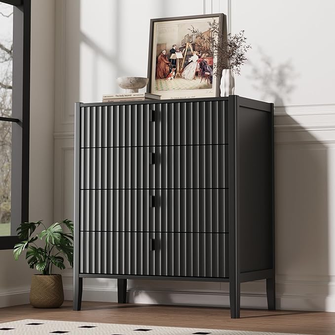 Black 4 Drawer Dresser, Modern Chest of Drawers for Bedroom, Wood Storage Dresser Organizer with Deep Drawers for Clothes, Nightstand for Bedroom, Hallway, Living Room, Entryway