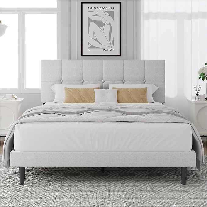 Queen Size Bed Frame, Queen Size Platform Bed Frame with Headboard, Fabric Upholstered Headboard, Sturdy Wood Slats, No Noiseless, No Springs Required, Easy to Assemble, Gray