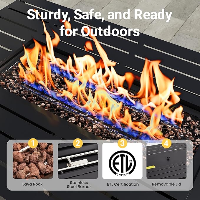 FansaFurn Black Propane Fire Pit Table, 50000 BTU Gas Fire Pits Table with Removable Lid and Lava Rock, Rectangular Fire Table with Cover, Ideal for Dining or Party on Patio, 43'', Garden, Yard