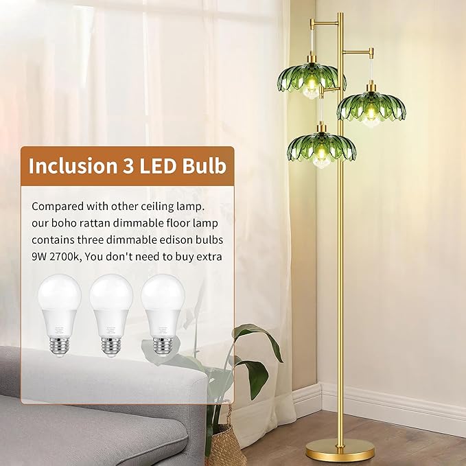 Gold Floor Lamps for Living Room Vintage Floor Lamp with Glass Lmapshape & Three Led Bulb,Green Floor Lamp Brass Mid Century Modern Standing Lamp Tall Tree Flower Floor Lamps for Bedroom,Office,Corner