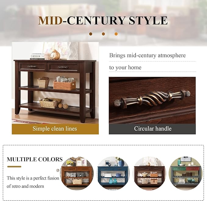 42inch Mid-Century Wood Console Table with 2 Drawers and 2 Bottom Shelf Sofa Table Solid Wood Sideboard(Espresso)