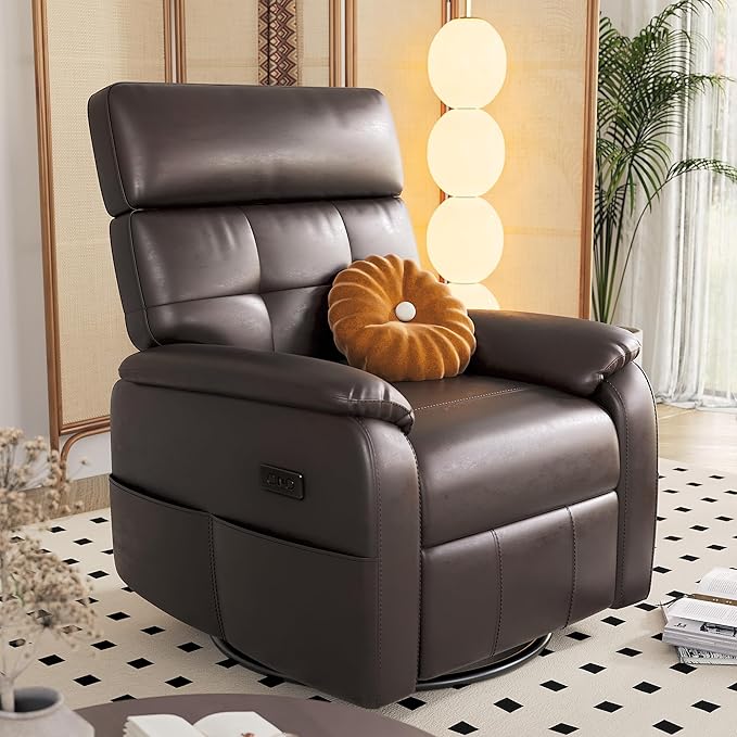 Claiks Power Swivel Rocker Recliner Chair, Oversized Recliner Chairs for Adults, PU Leather Overstuffed Reclining Chair with USB and Type-C Ports for Living Room, Dark Brown